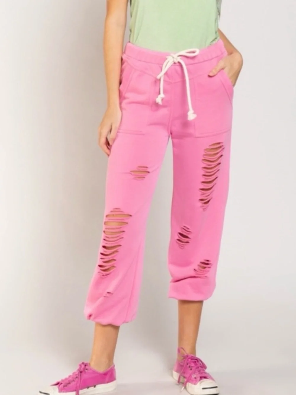 POL Distressed Terry Jogger Sweatpants Bubblegum Pink Boho Hippie Style Small - Picture 5 of 15